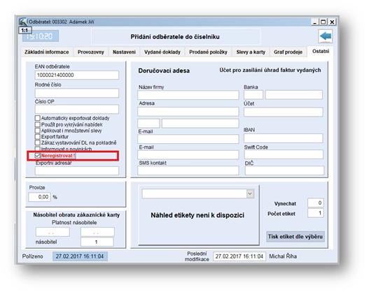 Evidence záznamu s vlastností  Neregistrovat