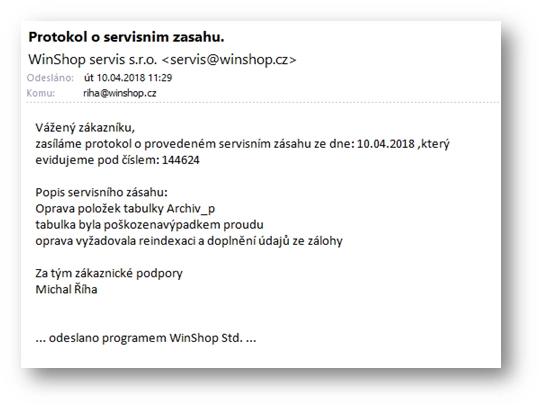 Protokol o prováděných operacích odesílaný emailem na kontaktní emailovou adresu