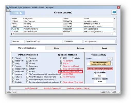 Nastavení oprávnění uživatele pouze k redukovanému seznamu zobrazovaných údajů o fyzické osobě (Bez oprávnění GDPR)