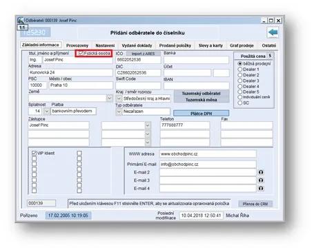 Nastavení vlastnosti fyzická osoba v záznamu číselníku odběratelů / dodavatelů